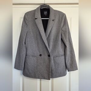 Gap Grey Herringbone Double-Breasted Wool Blend Blazer - Size 16